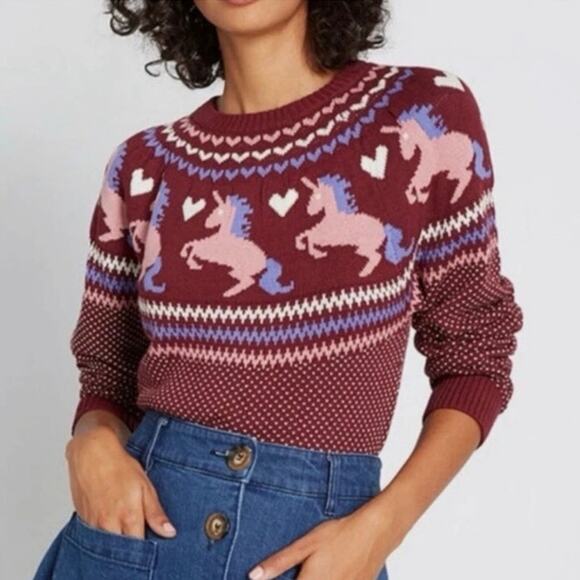 ModCloth Sweaters - ModCloth XL Unicorn Sweater Pullover Whimsical Fairy Core Novelty Intarsia Red